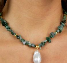 Emerald Nuggets & Pearl Necklace, Brass 22k gold plated necklace for women, Handmade jewelry